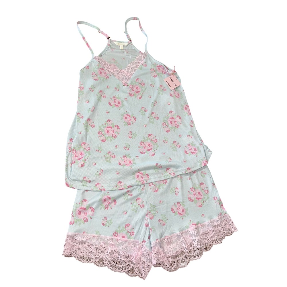 Shabby Chic Pajama Set Womens Large Blue Pink Floral Lace Camisole Shorts NWT